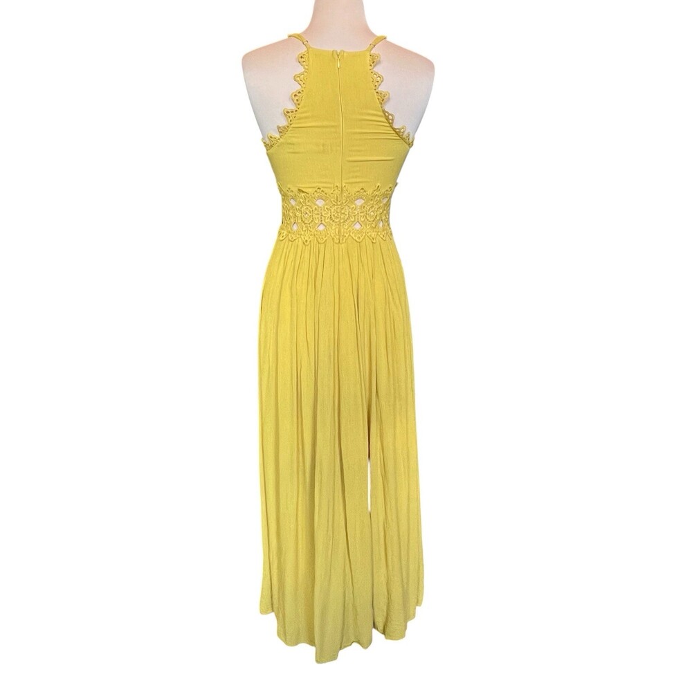 Lulus This is Love Lace Maxi Dress Women's Small Yellow Crochet Trim Deep V Neck - Picture 10 of 12